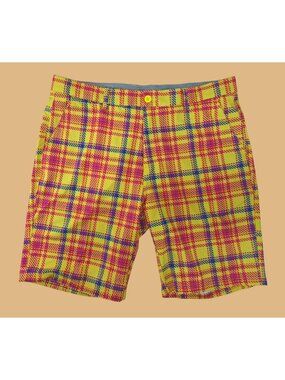 Hreski Men Yellow Red Blue Plaid Golf Shorts 36